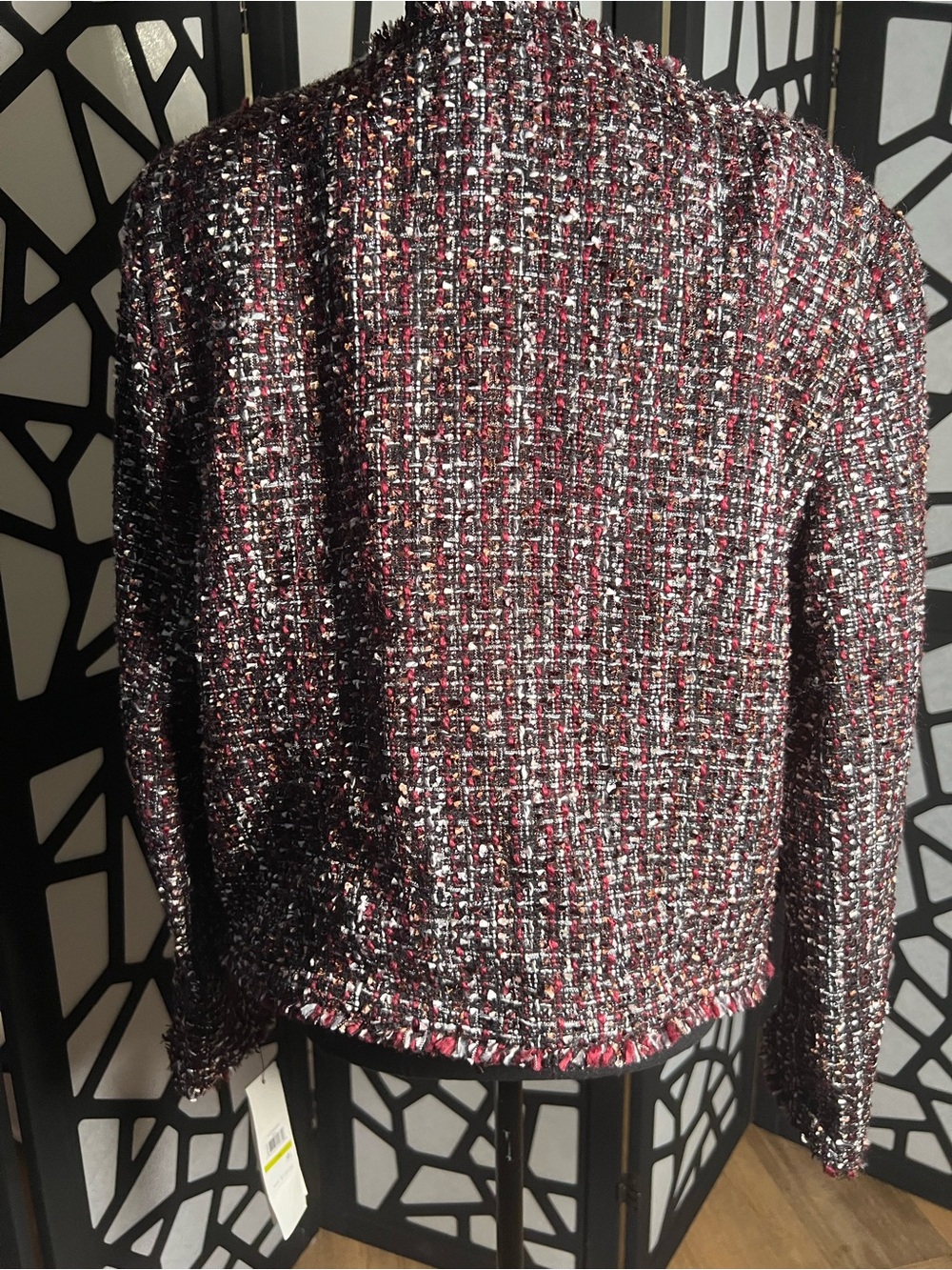 Calvin Klein Open Front Tweed Jacket. NWT size 14. With Pockets. Black &Burgundy - Picture 6 of 11